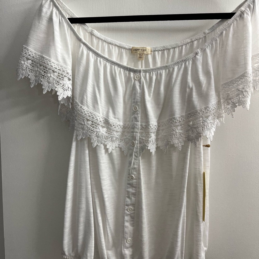 Women's Off-Shoulder Lace Trim Button Down Dressy Casual Wear